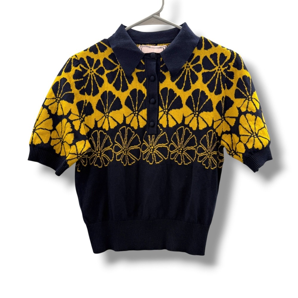 Lingua Franca Polo Sweater Womens Size M Navy Yellow‎ Floral Cotton Cashmere